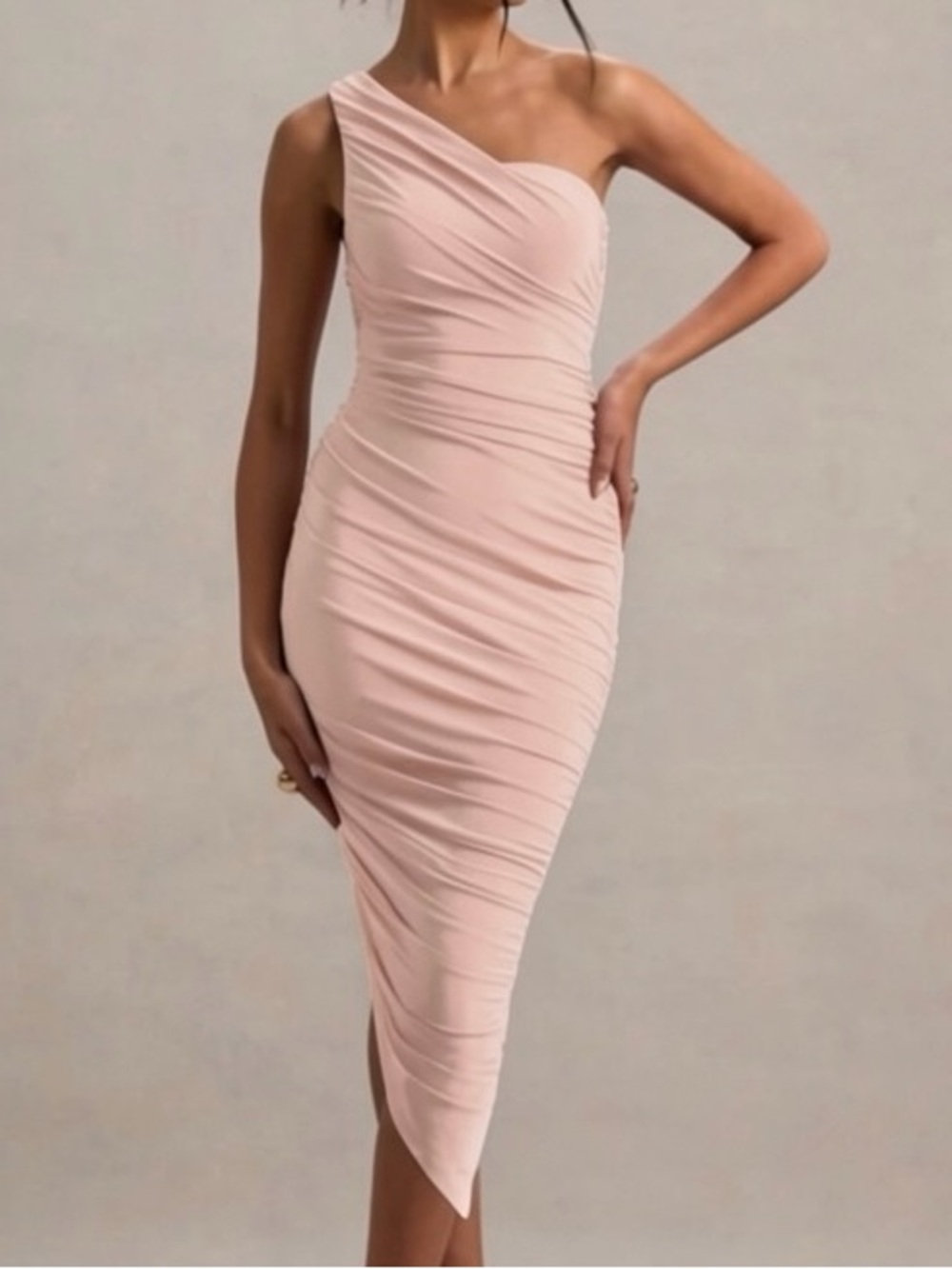 Club L London Dorit One Shoulder Asymmetric Ruched Midi Dress In Blush Pink